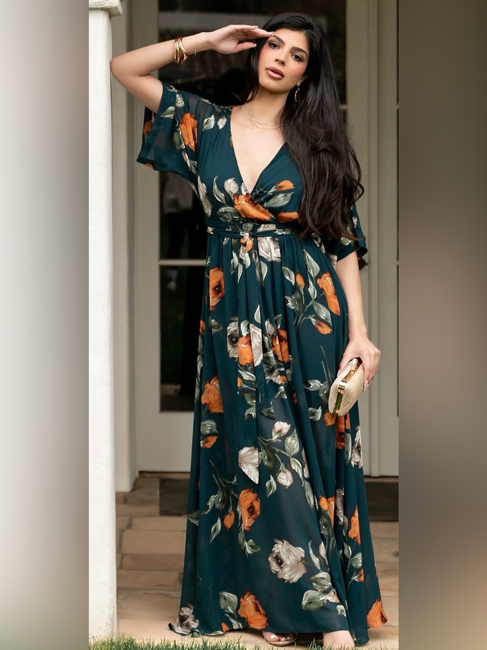 Baltic Born Floral Teal Maxi Dress with Orange Rose Print